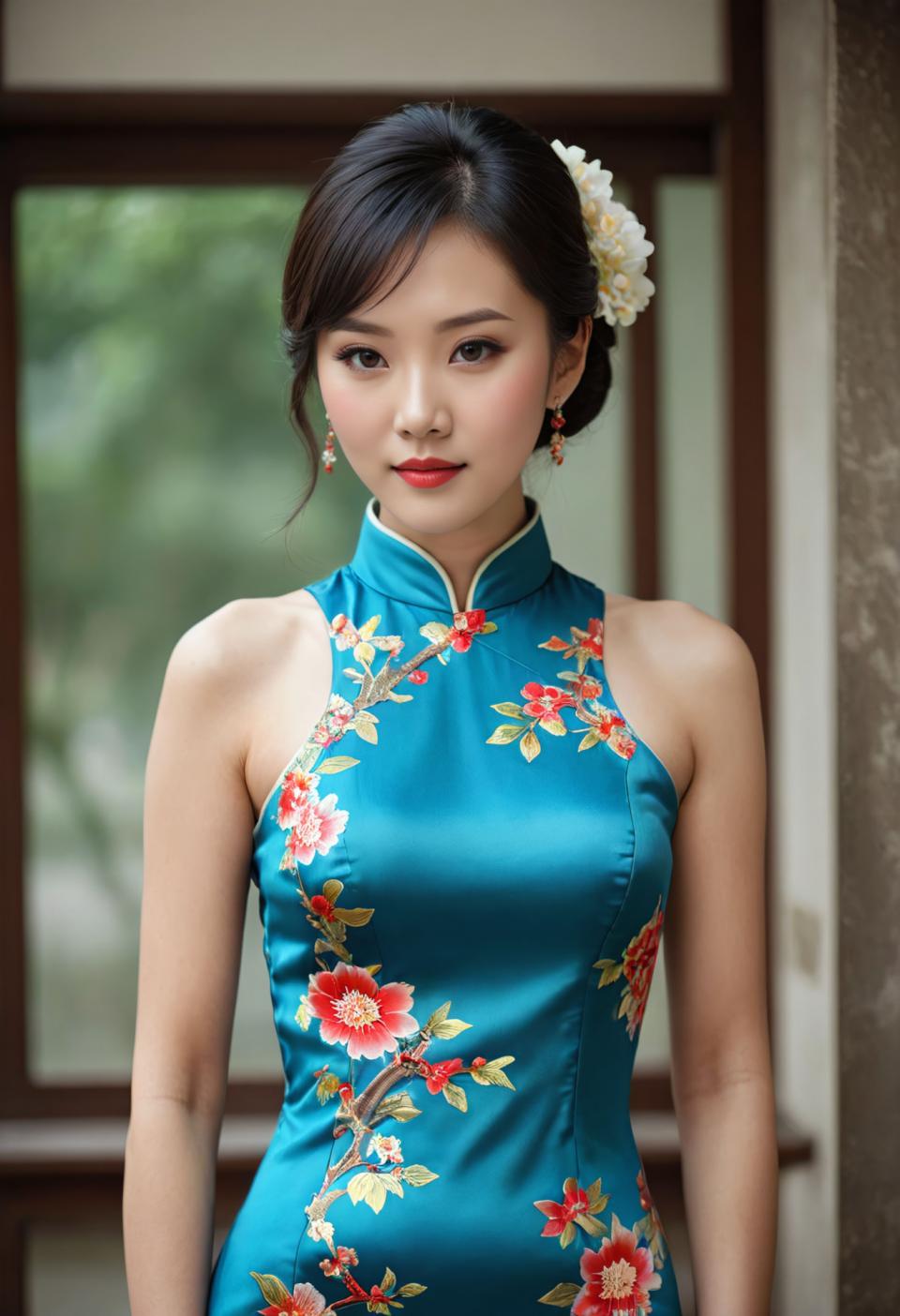 Arc Csere, Chinese Cheongsam, Photographic Art , People, woman, chinese cheongsam, 1girl, solo, dress, chinese clothes, china dress, jewelry, earrings, black hair, hair flower, hair ornament, flower, brown eyes, realistic, looking at viewer, sleeveless, floral print, hair bun, sleeveless dress, lips, breasts, indoors, blue dress, blurry background, short hair, bare shoulders