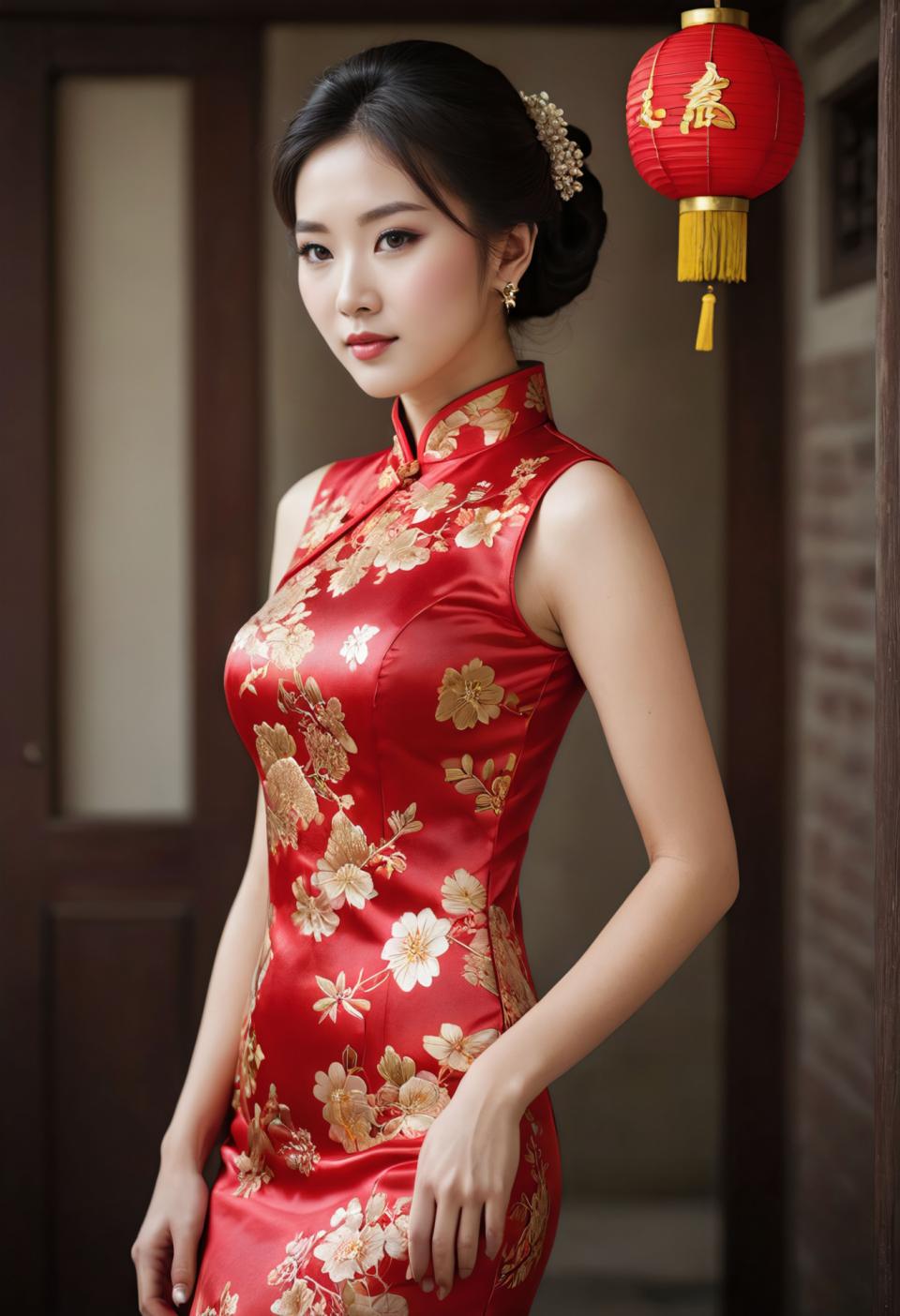 Arc Csere, Chinese Cheongsam, Photographic Art , People, woman, chinese cheongsam, 1girl, solo, dress, chinese clothes, china dress, black hair, jewelry, earrings, lantern, looking at viewer, realistic, sleeveless, floral print, red dress, sleeveless dress, hair bun, breasts, lips, hair ornament, blurry, paper lantern, black eyes, blurry background, brown eyes, cowboy shot, medium breasts