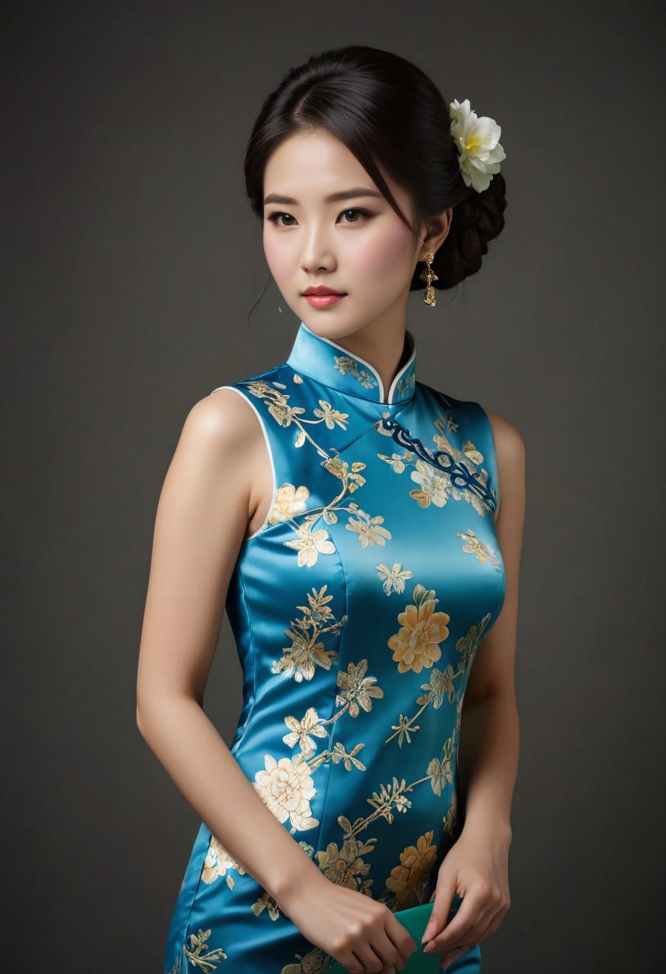 Arc Csere, Chinese Cheongsam, Photographic Art , People, woman, chinese cheongsam, 1girl, solo, dress, earrings, chinese clothes, jewelry, china dress, hair ornament, realistic, hair flower, flower, black hair, brown eyes, lips, sleeveless, blue dress, looking at viewer, breasts, sleeveless dress, floral print, simple background