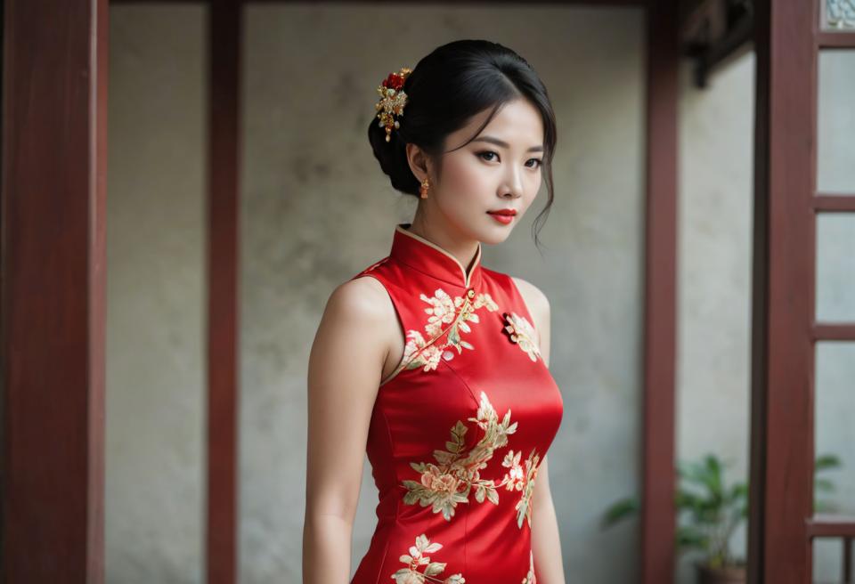 Arc Csere, Chinese Cheongsam, Photographic Art , People, woman, chinese cheongsam, 1girl, dress, chinese clothes, black hair, solo, china dress, jewelry, earrings, hair ornament, red dress, looking at viewer, sleeveless, red lips, upper body, indoors, brown eyes, sleeveless dress, floral print, realistic, breasts, blurry, bare shoulders