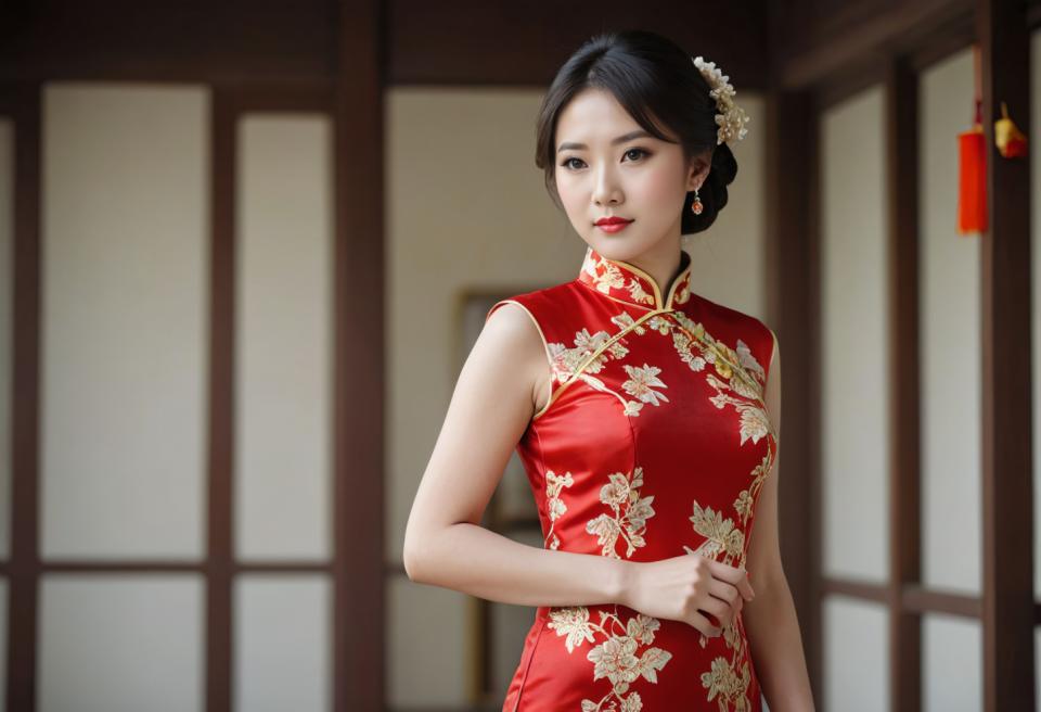 Arc Csere, Chinese Cheongsam, Photographic Art , People, woman, chinese cheongsam, 1girl, solo, dress, chinese clothes, black hair, earrings, china dress, jewelry, hair ornament, hair flower, red dress, flower, indoors, realistic, sleeveless, floral print, looking at viewer, sleeveless dress, black eyes, blurry, upper body, breasts, short hair