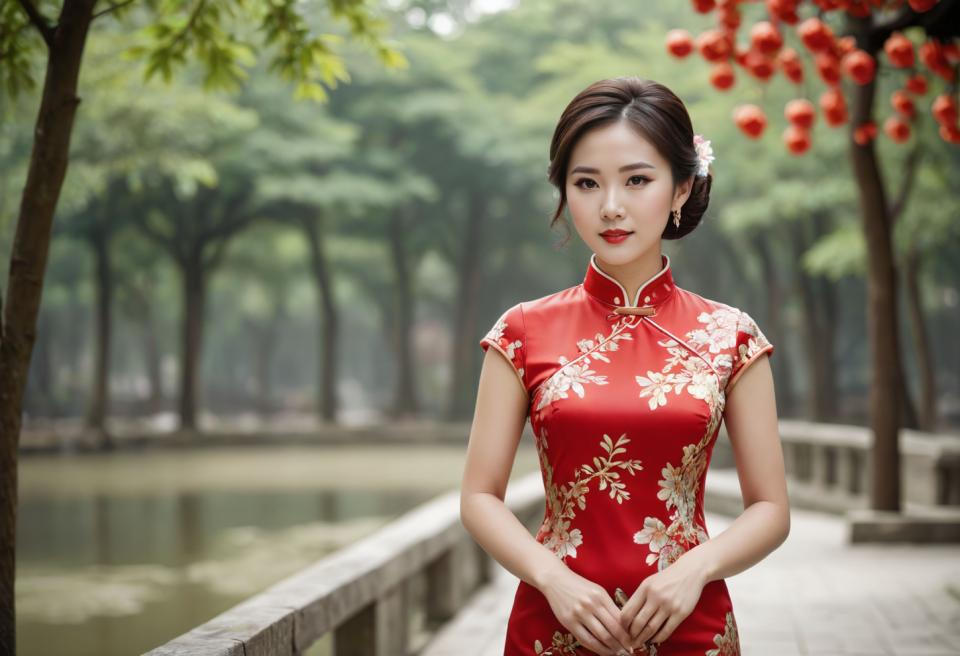 Arc Csere, Chinese Cheongsam, Photographic Art , People, woman, chinese cheongsam, 1girl, solo, dress, chinese clothes, china dress, brown hair, flower, hair ornament, earrings, red dress, jewelry, blurry, realistic, outdoors, brown eyes, looking at viewer, blurry background, hair flower, tree, hair bun, floral print, short sleeves, red lips, upper body