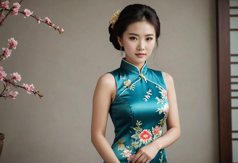 Arc Csere, Chinese Cheongsam, Photographic Art , People, woman, chinese cheongsam, 1girl, dress, solo, chinese clothes, china dress, earrings, black hair, jewelry, flower, realistic, branch, looking at viewer, hair ornament, sleeveless, sleeveless dress, floral print, brown eyes, vase, indoors, upper body, lips, blue dress