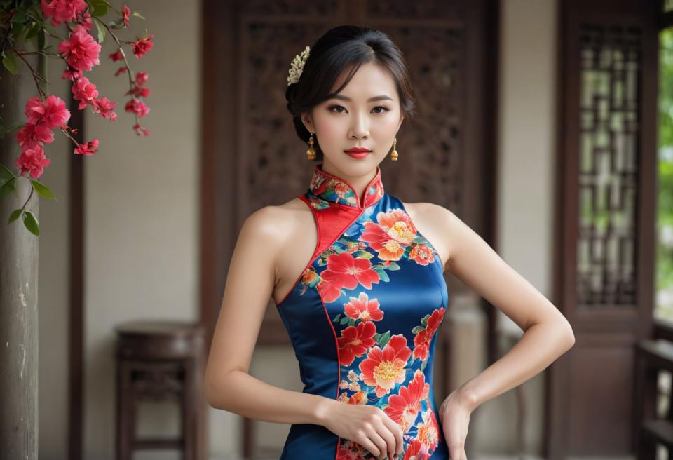 Intercambio de Rostro, cheongsam chino, Realismo fotográfico, Gente, mujer,cheongsam chino, 1 chica, vestido, joyas, pendientes, solo, flor, ropa china, pelo negro, vestido chino, mirando al espectador, adorno para el cabello, fondo borroso, borroso, sin mangas, pelo corto, estampado floral, flor del pelo, realista, vestido sin mangas, ojos marrones, mano en la cadera, parte superior del cuerpo, labios rojos, hombros desnudos, vestido azul, dentro