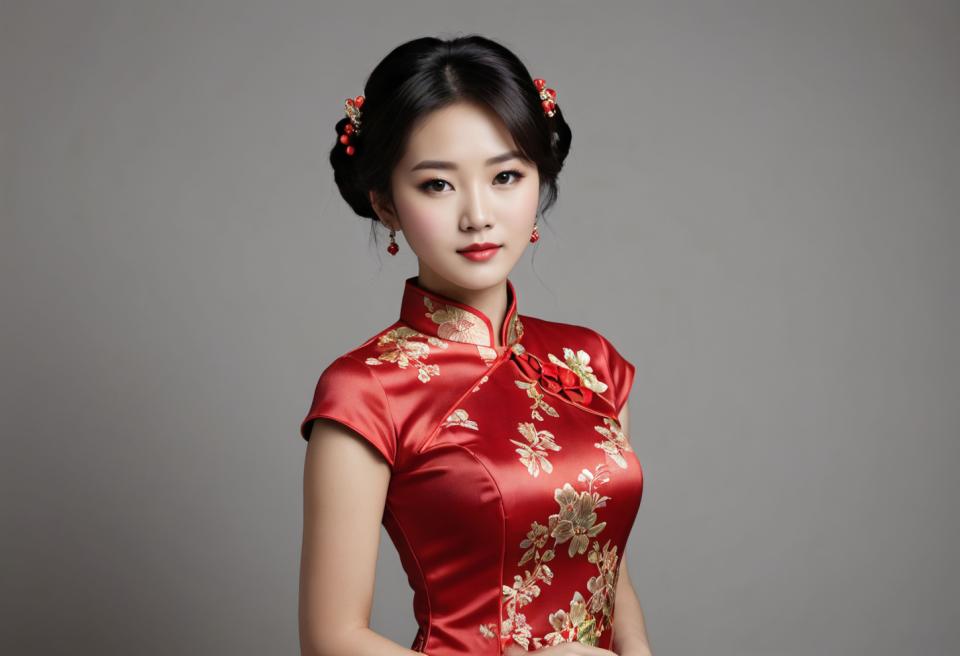 Arc Csere, Chinese Cheongsam, Photographic Art , People, woman, chinese cheongsam, 1girl, solo, chinese clothes, realistic, black hair, dress, earrings, jewelry, china dress, upper body, grey background, hair ornament, hair bun, red lips, looking at viewer, black eyes, short sleeves, simple background