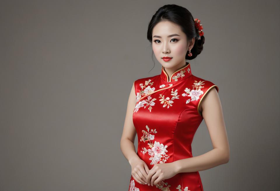 Intercambio de Rostro, cheongsam chino, Realismo fotográfico, Gente, mujer,cheongsam chino, 1 chica, solo, vestido, ropa china, pelo negro, vestido chino, pendientes, joyas, realista, adorno para el cabello, flor, vestido rojo, mirando al espectador, fondo gris, fondo sencillo, ojos marrones, ojos negros, flor del pelo, estampado floral, labios rojos