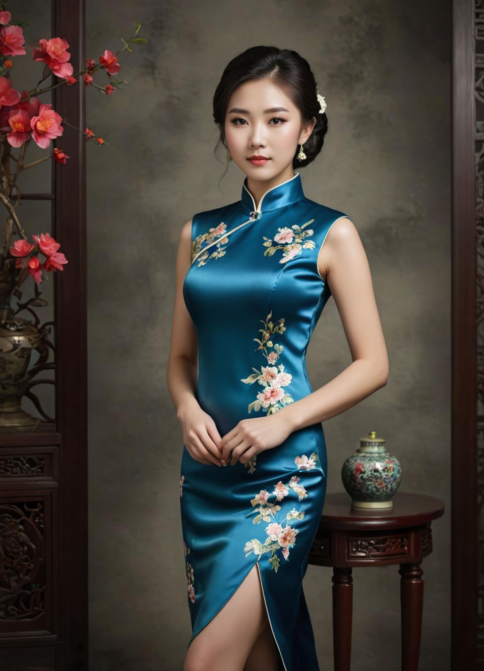 Arc Csere, Chinese Cheongsam, Photographic Art , People, woman, chinese cheongsam, 1girl, dress, solo, chinese clothes, china dress, jewelry, flower, vase, earrings, black hair, realistic, side slit, floral print, brown eyes, blue dress, looking at viewer, sleeveless, sleeveless dress, hair ornament, table, lips, standing, breasts, indoors