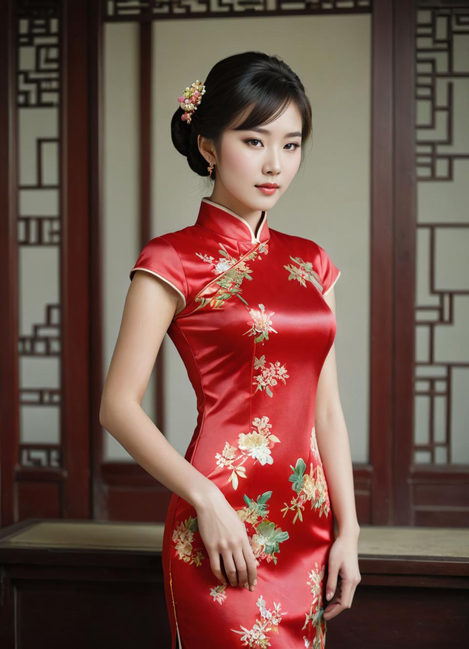 Arc Csere, Chinese Cheongsam, Photographic Art , People, woman, chinese cheongsam, 1girl, solo, dress, chinese clothes, china dress, black hair, realistic, looking at viewer, hair ornament, floral print, short hair, brown eyes, red dress, earrings, jewelry, hair bun, short sleeves, indoors, hair flower, flower, breasts