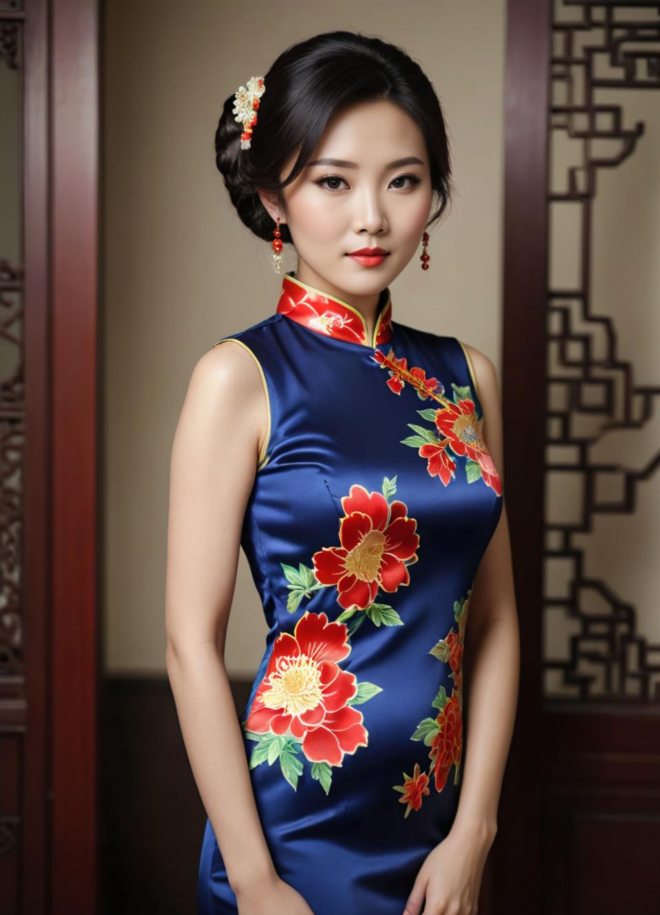 Arc Csere, Chinese Cheongsam, Photographic Art , People, woman, chinese cheongsam, 1girl, solo, dress, black hair, chinese clothes, china dress, earrings, jewelry, realistic, hair ornament, floral print, looking at viewer, sleeveless, blue dress, brown eyes, lips, sleeveless dress, flower, black eyes