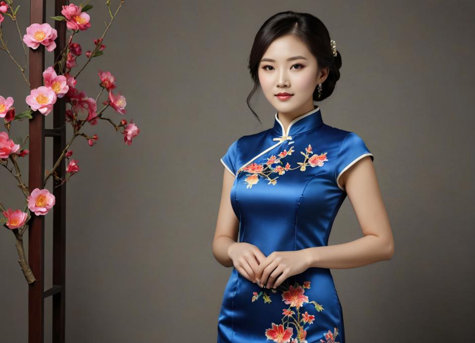 Výměna obličeje, Čínský cheongsam, Fotografické umění, Lidé, žena,čínský cheongsam, 1 dívka, sólo, šaty, čínské oblečení, květ, černé vlasy, realistický, náušnice, čínské šaty, šperky, hnědé oči, ozdoba do vlasů, při pohledu na diváka, rty, modré šaty, růžový květ, květinový potisk