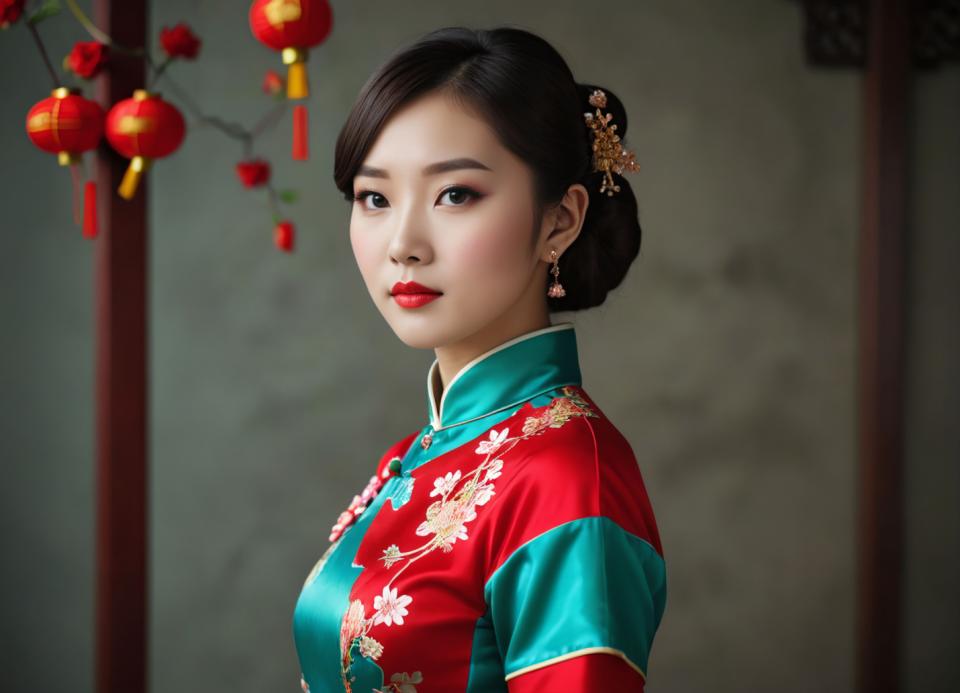 Arc Csere, Chinese Cheongsam, Photographic Art , People, woman, chinese cheongsam, 1girl, solo, earrings, jewelry, chinese clothes, black hair, looking at viewer, upper body, dress, red lips, hair ornament, makeup, blurry, lipstick, lips, realistic, hair bun, black eyes, floral print, brown eyes, lantern