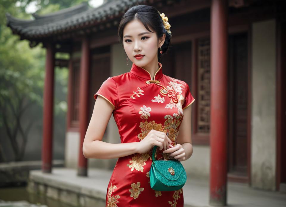 Arc Csere, Chinese Cheongsam, Photographic Art , People, woman, chinese cheongsam, 1girl, solo, chinese clothes, dress, black hair, jewelry, earrings, china dress, bag, hair ornament, realistic, handbag, outdoors, blurry, red dress, hair bun, black eyes, short sleeves, floral print, flower, blurry background, east asian architecture, red lips, architecture, holding, day, hair flower, brown eyes