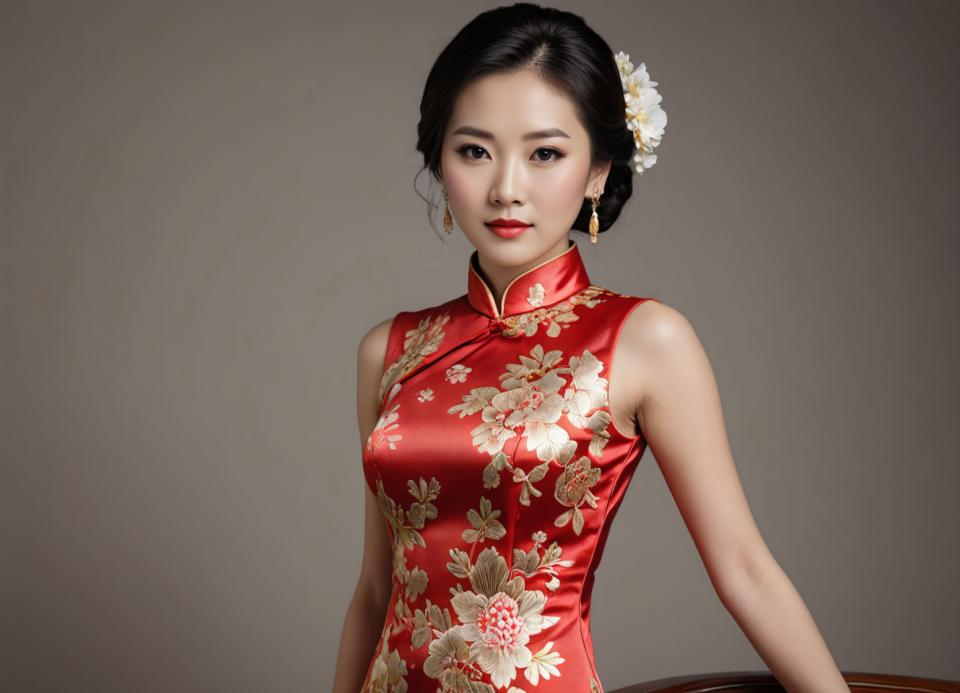 Arc Csere, Chinese Cheongsam, Photographic Art , People, woman, chinese cheongsam, 1girl, solo, chinese clothes, dress, earrings, jewelry, black hair, realistic, hair ornament, hair flower, china dress, flower, looking at viewer, breasts, floral print, upper body, sleeveless, short hair, red lips, black eyes, medium breasts, red dress, lips