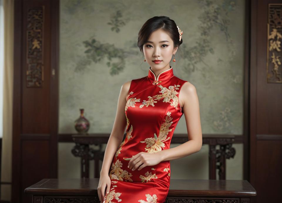 Arc Csere, Chinese Cheongsam, Photographic Art , People, woman, chinese cheongsam, 1girl, dress, solo, chinese clothes, jewelry, earrings, china dress, black hair, realistic, red dress, looking at viewer, short hair, brown eyes, hair ornament, floral print, sleeveless, breasts, flower, indoors, sleeveless dress, blurry