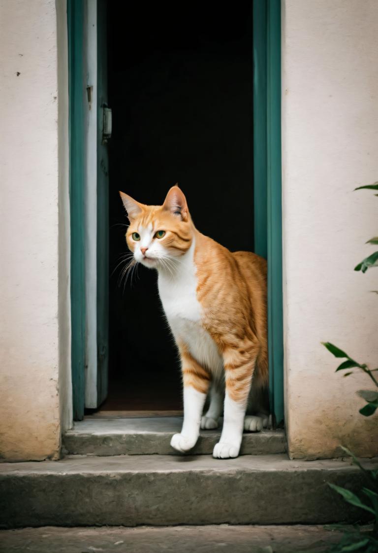 사진 예술,사진 예술, 동물, 고양이, 인간은 없어, 동물 중심, 고양이, 녹색 눈, 문, 동물, 식물, 계단, 문호 개방