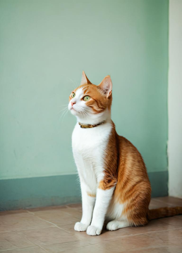 写真芸術,写真芸術, 動物, 猫, 人間がいない, 動物の焦点, 猫, 緑の目, 動物, 襟, 現実的な, 全身, タイル張りの床, ひげ, タイル, 座っている, 屋内で