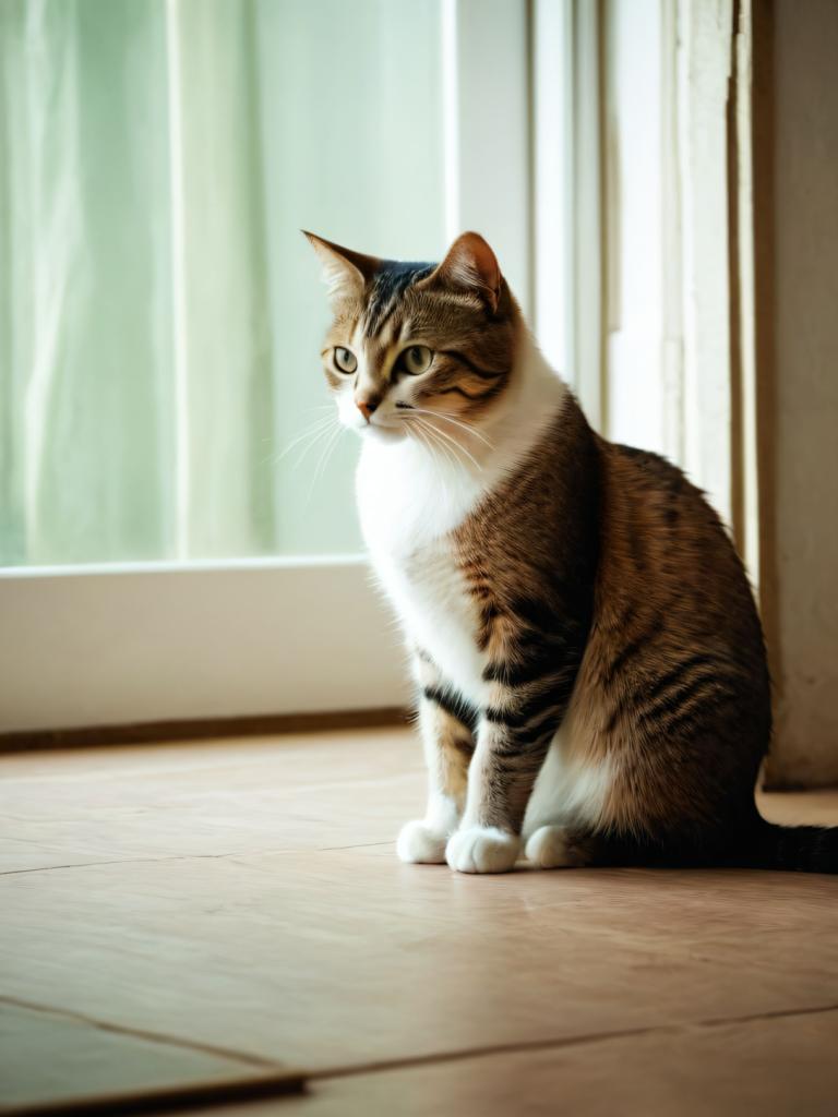 Photographic Art,Photographic Art , Animal, cat, no humans, cat, animal focus, realistic, curtains, sitting