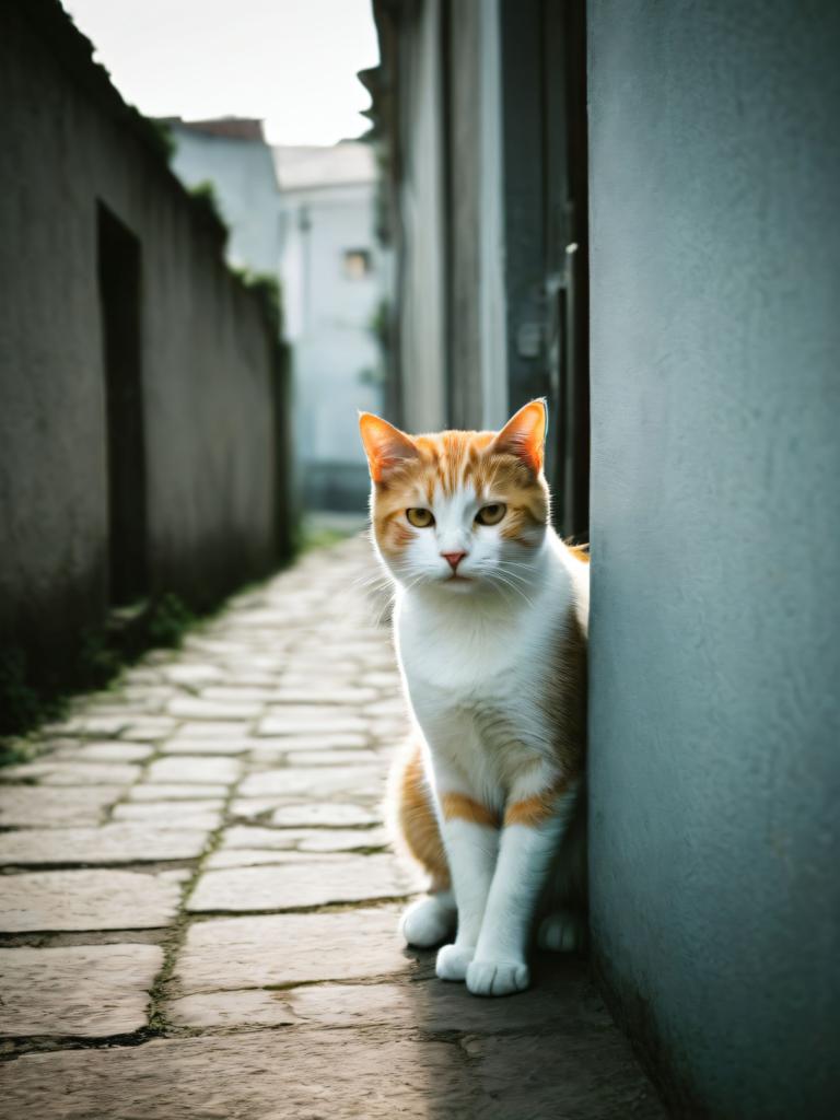 사진 예술,사진 예술, 동물, 고양이, 인간은 없어, 고양이, 동물 중심, 현실적인, 옥외, 흐릿한, 동물, 사진 배경, 벽, 뷰어를보고, 낮, 흐린 배경, 도로, 구레나룻, 골목