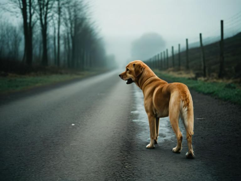 写真芸術,写真芸術, 動物, 犬, 人間がいない, 犬, 現実的な, 屋外, 木, 道, 動物, 動物の焦点, ぼやけた, 写真の背景, ぼやけた背景, 日, サイン