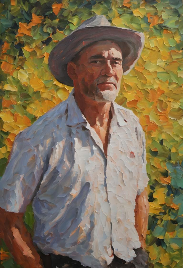 Oil Painting,Oil Painting, People, man, 1boy, male focus, solo, hat, shirt, white shirt, realistic