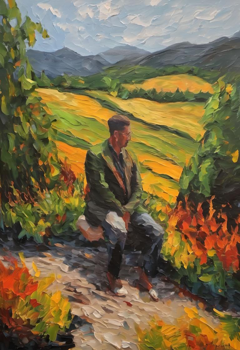 Oil Painting,Oil Painting, People, man, 1boy, outdoors, solo, male focus, cloud, sky, flower, sitting, day