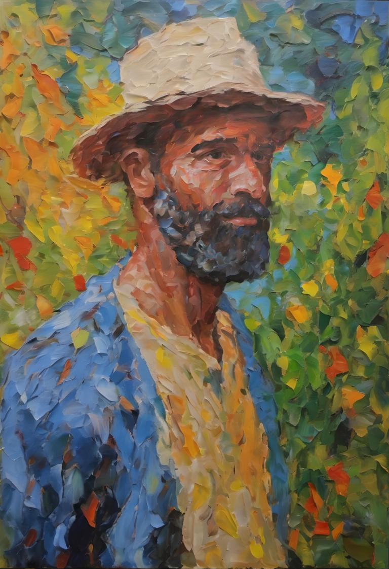 Oil Painting,Oil Painting, People, man, male focus, 1boy, solo, facial hair, hat, beard, shirt, upper body