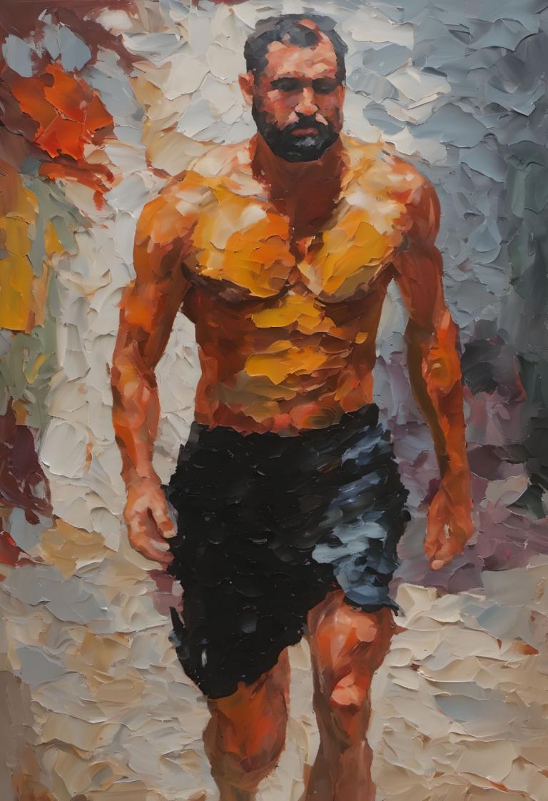 Oil Painting,Oil Painting, People, man, male focus, 1boy, solo, topless male, facial hair, shorts, beard