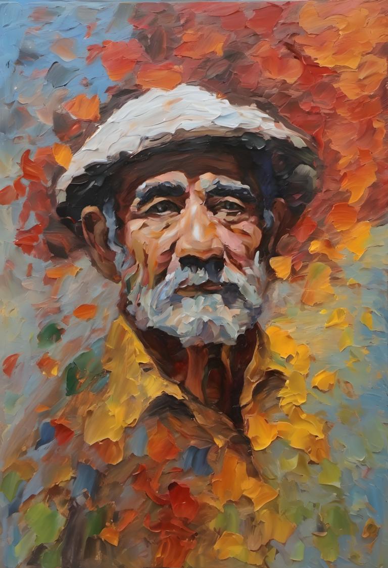 Oil Painting,Oil Painting, People, man, 1boy, male focus, solo, facial hair, mustache, old, autumn leaves