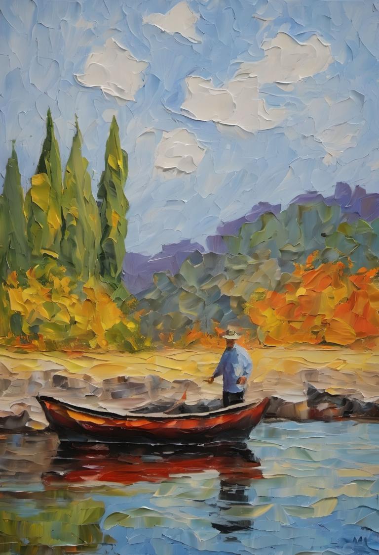 Oil Painting,Oil Painting, People, man, outdoors, boat, cloud, solo, sky, hat, water, scenery