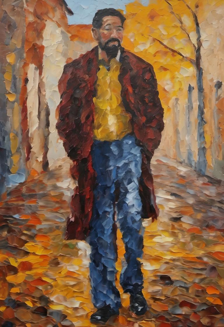 Oil Painting,Oil Painting, People, man, 1boy, male focus, facial hair, solo, beard, hands in pockets, pants