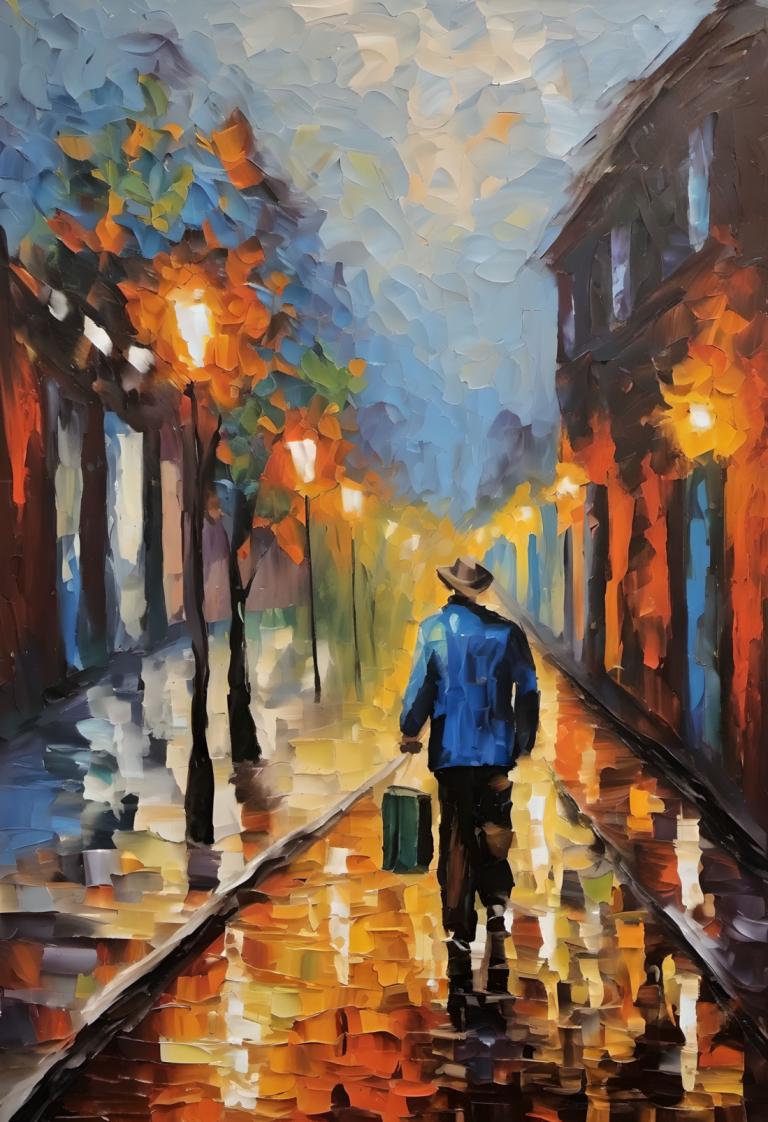 Oil Painting,Oil Painting, People, man, 1boy, male focus, hat, solo, walking, blue jacket, jacket