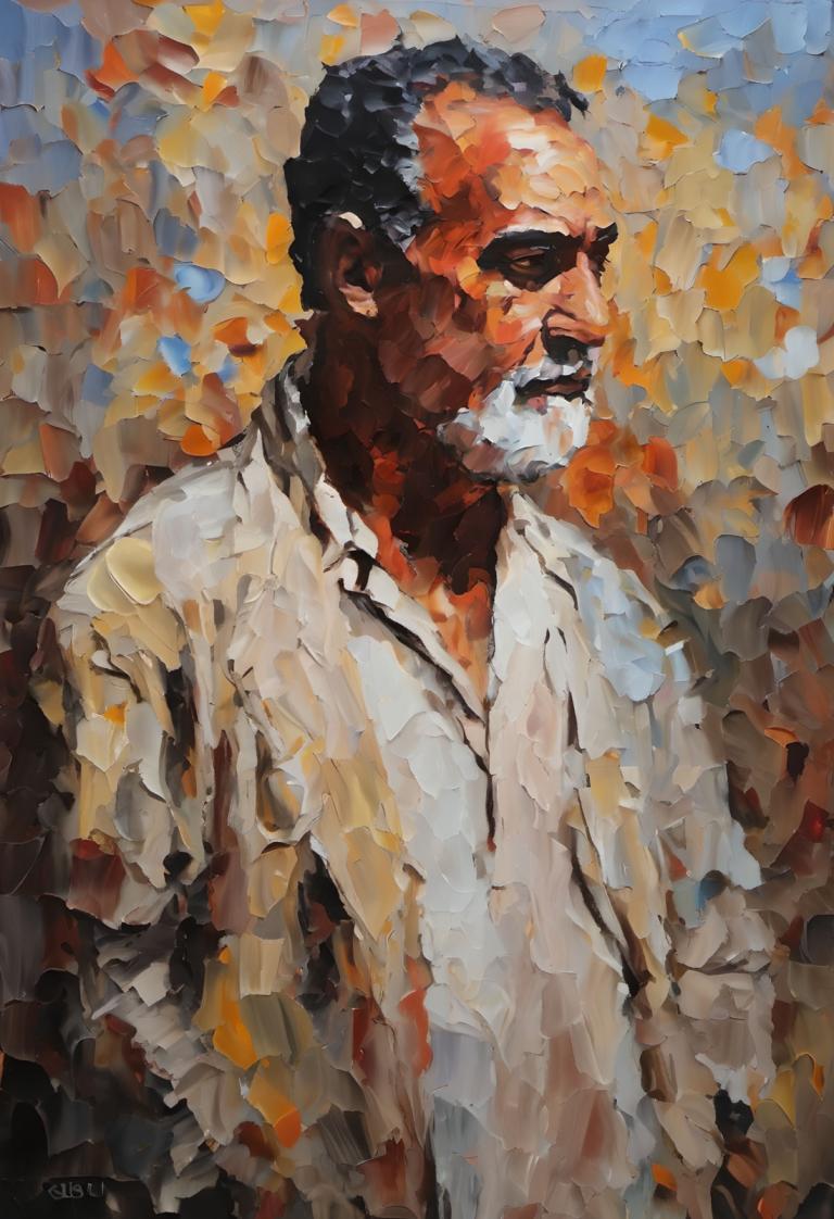 Oil Painting,Oil Painting, People, man, 1boy, male focus, solo, facial hair, black hair, shirt, open mouth