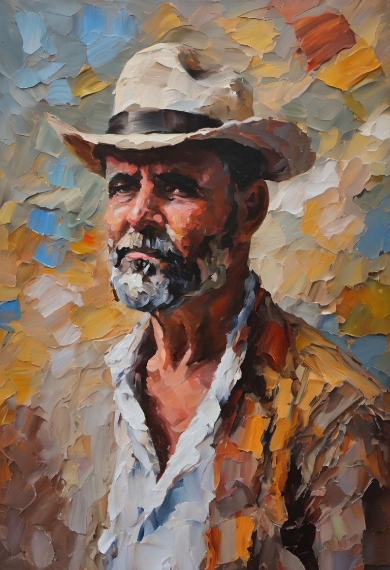 Oil Painting,Oil Painting, People, man, male focus, 1boy, hat, solo, facial hair, shirt, mustache, beard