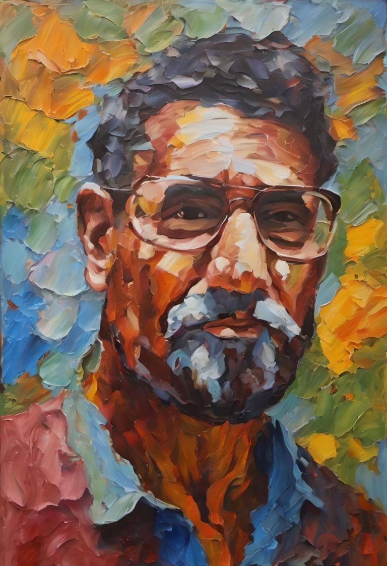 Oil Painting,Oil Painting, People, man, solo, 1boy, male focus, glasses, traditional media, facial hair, leaf