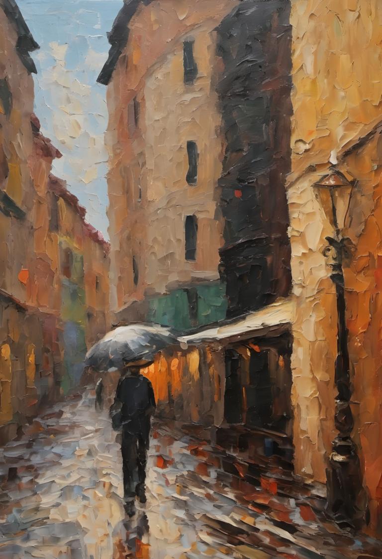 Oil Painting,Oil Painting, People, man, umbrella, outdoors, solo, sky, 1boy, walking, traditional media