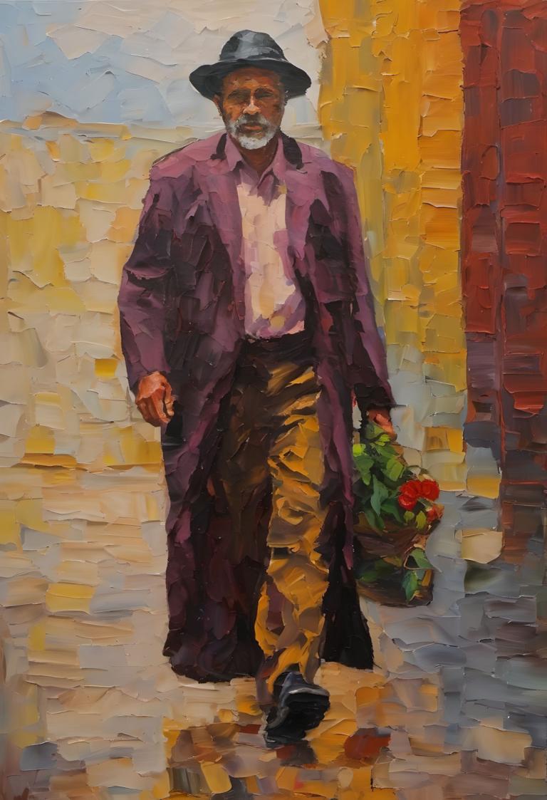 Oil Painting,Oil Painting, People, man, 1boy, male focus, hat, solo, walking, shirt, pants, black footwear