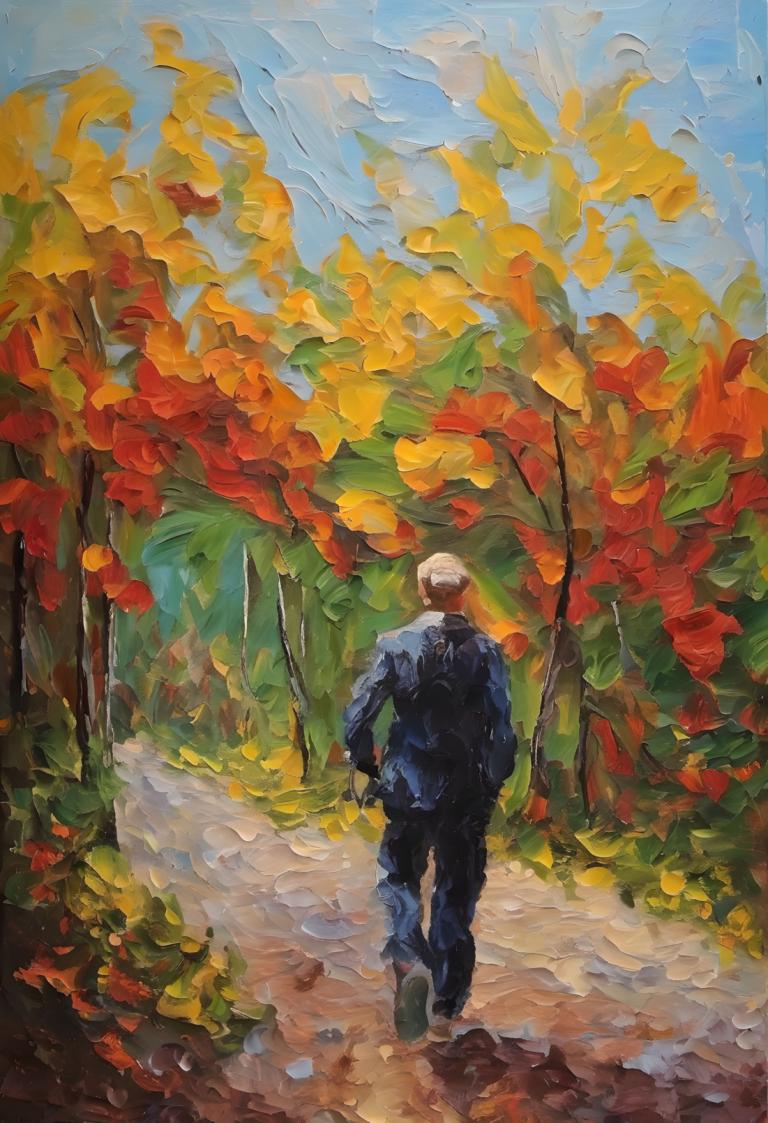 Oil Painting,Oil Painting, People, man, 1boy, walking, solo, male focus, outdoors, from behind, day, tree