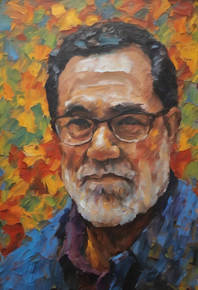 Oil Painting,Oil Painting, People, man, 1boy, male focus, glasses, solo, facial hair, black hair, beard