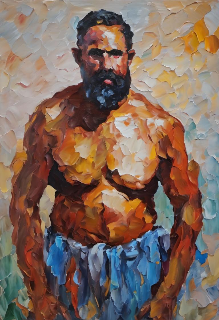 Oil Painting,Oil Painting, People, man, 1boy, male focus, solo, black hair, facial hair, topless male