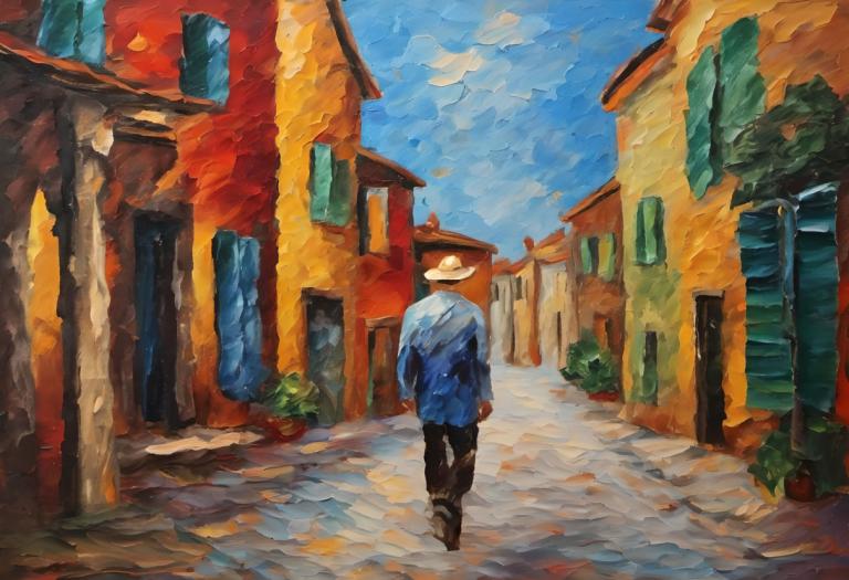 Oil Painting,Oil Painting, People, man, walking, outdoors, 1boy, solo, male focus, sky, traditional media