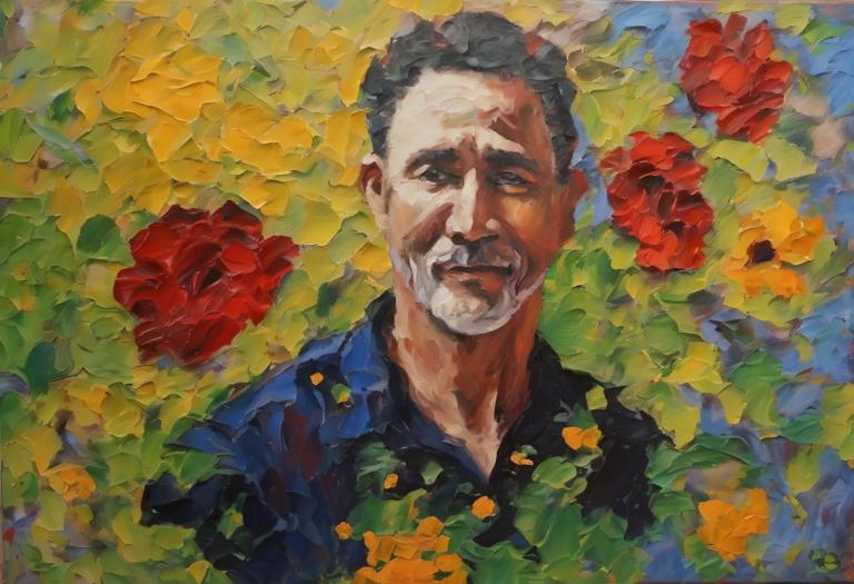 Oil Painting,Oil Painting, People, man, 1boy, male focus, solo, flower, facial hair, shirt, mustache