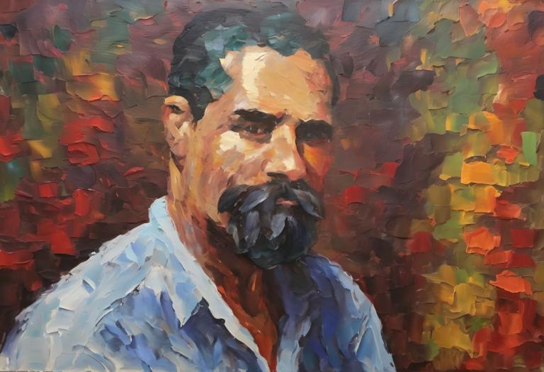 Oil Painting,Oil Painting, People, man, 1boy, male focus, solo, facial hair, shirt, black hair, mustache