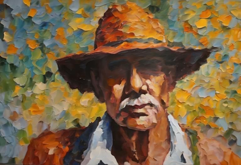 Oil Painting,Oil Painting, People, man, 1boy, male focus, solo, hat, shirt, facial hair, traditional media