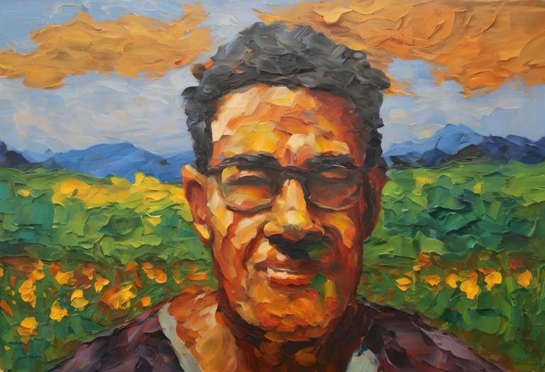 Oil Painting,Oil Painting, People, man, 1boy, solo, male focus, glasses, outdoors, sky, day, closed eyes