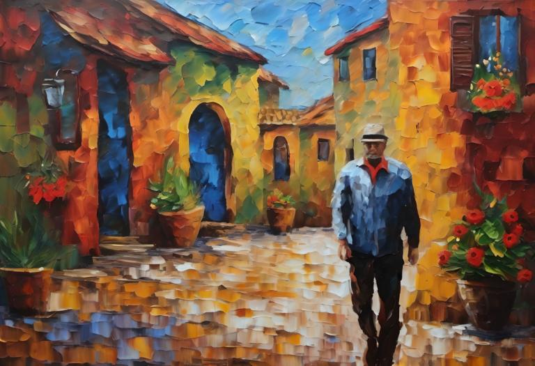 Oil Painting,Oil Painting, People, man, 1boy, hat, male focus, solo, plant, flower, walking, outdoors, sky