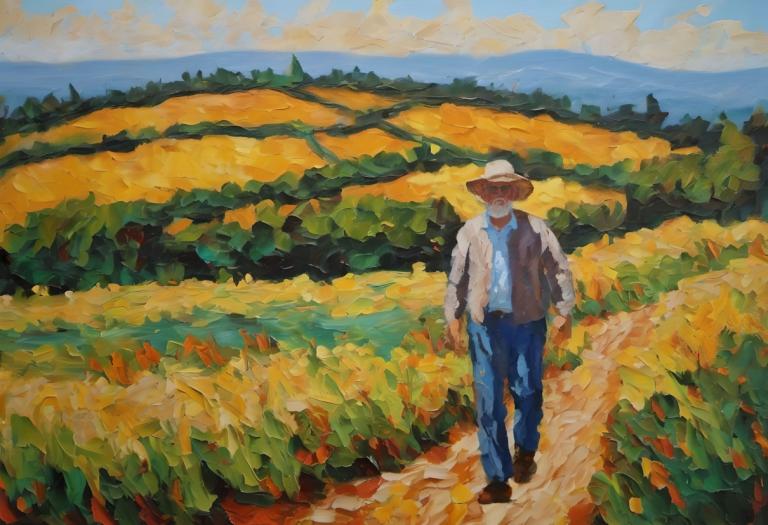 Oil Painting,Oil Painting, People, man, solo, hat, outdoors, 1boy, pants, shirt, white shirt, blue pants