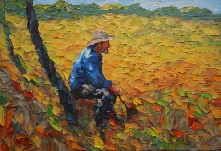 Oil Painting,Oil Painting, People, man, hat, 1boy, solo, male focus, outdoors, sitting, traditional media