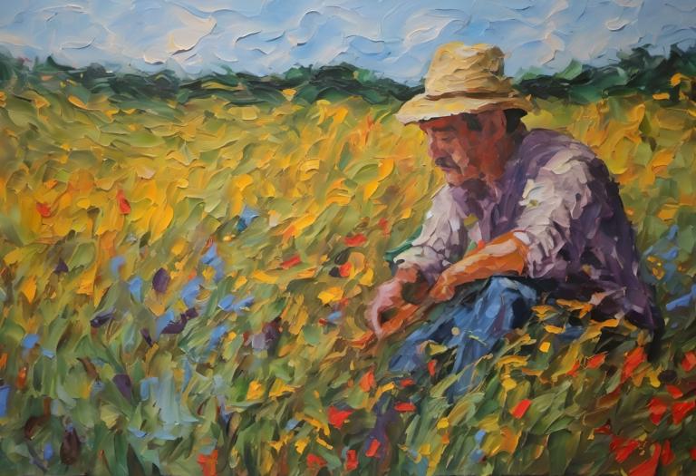 Oil Painting,Oil Painting, People, man, hat, solo, field, 1boy, outdoors, flower, male focus, straw hat, sky