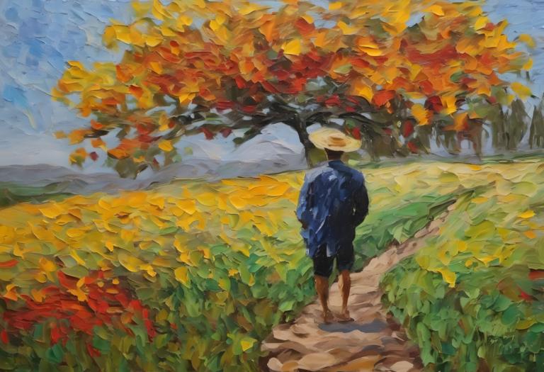 Peinture à l'huile,Peinture à l'huile, Personnes, homme, en plein air, arbre, chapeau, solo, 1garçon