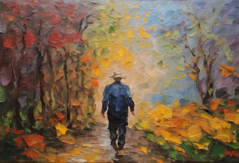 Pittura ad olio,Pittura ad olio, Persone, Uomo, a piedi, cappello, 1 ragazzo, focus maschile, assolo, albero